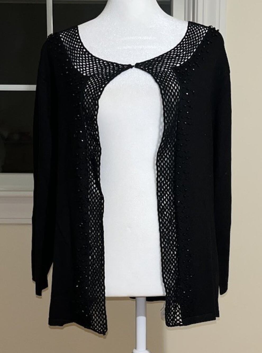 Coldwater Creek Black Silk Cardigan, Crochet Trim, Open Front, Beaded NWT Large